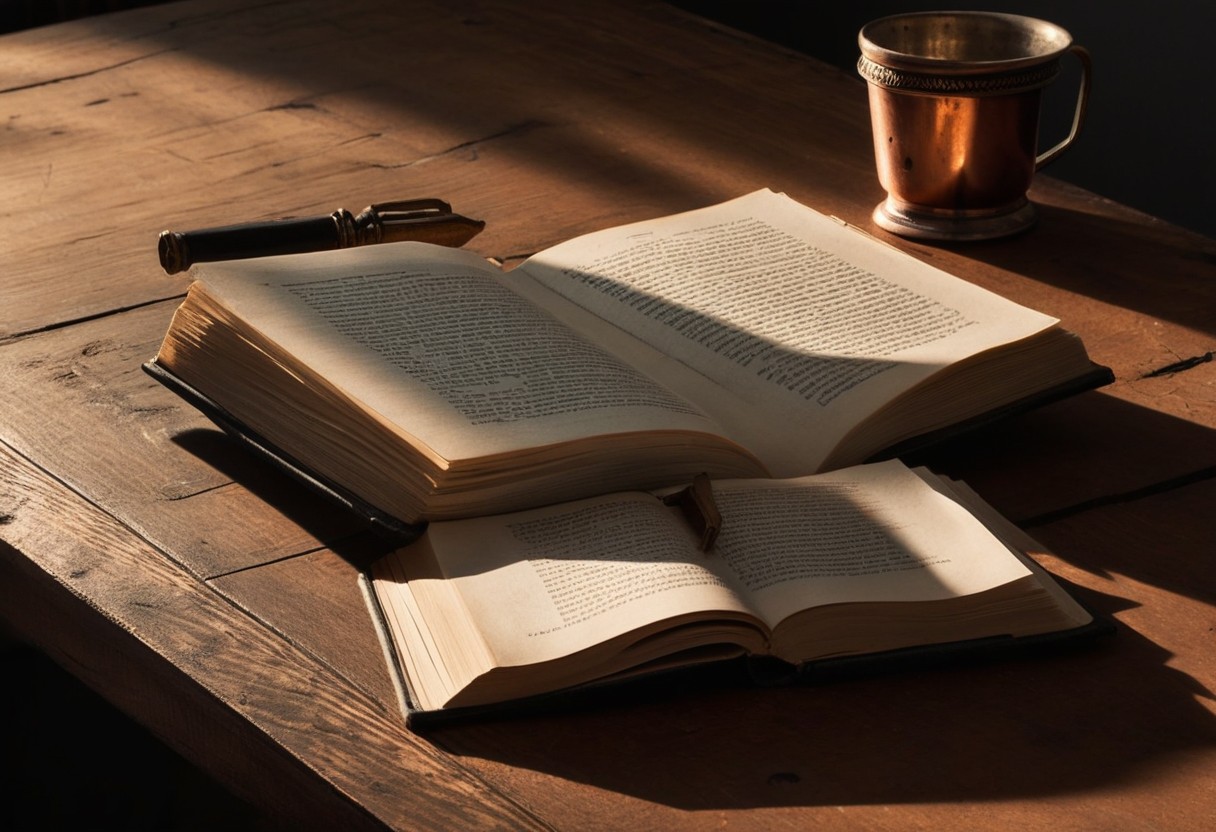 Open book with pages illuminated by afternoon sunlight, casting distinct shadows on a wooden table surface.
