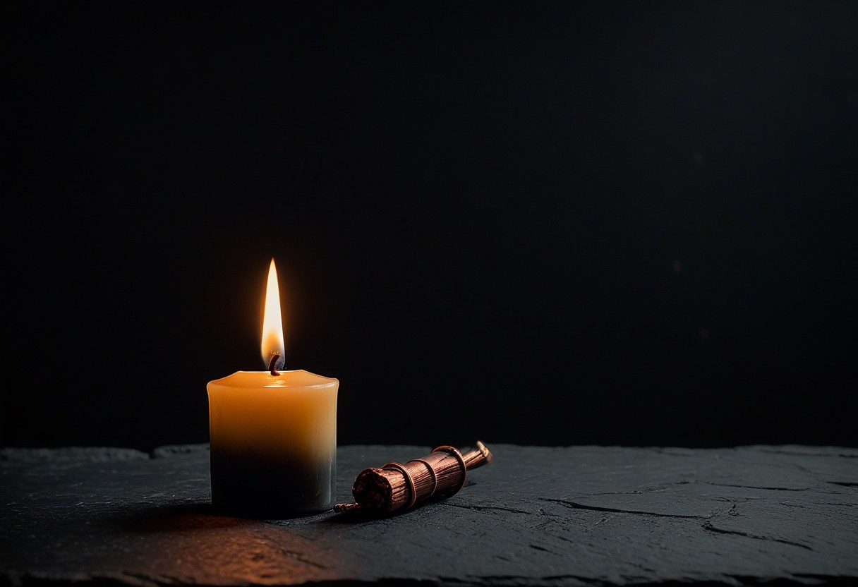A lit candle stands on dark stone with melted wax pooled at its base, its small flame glowing against darkness.