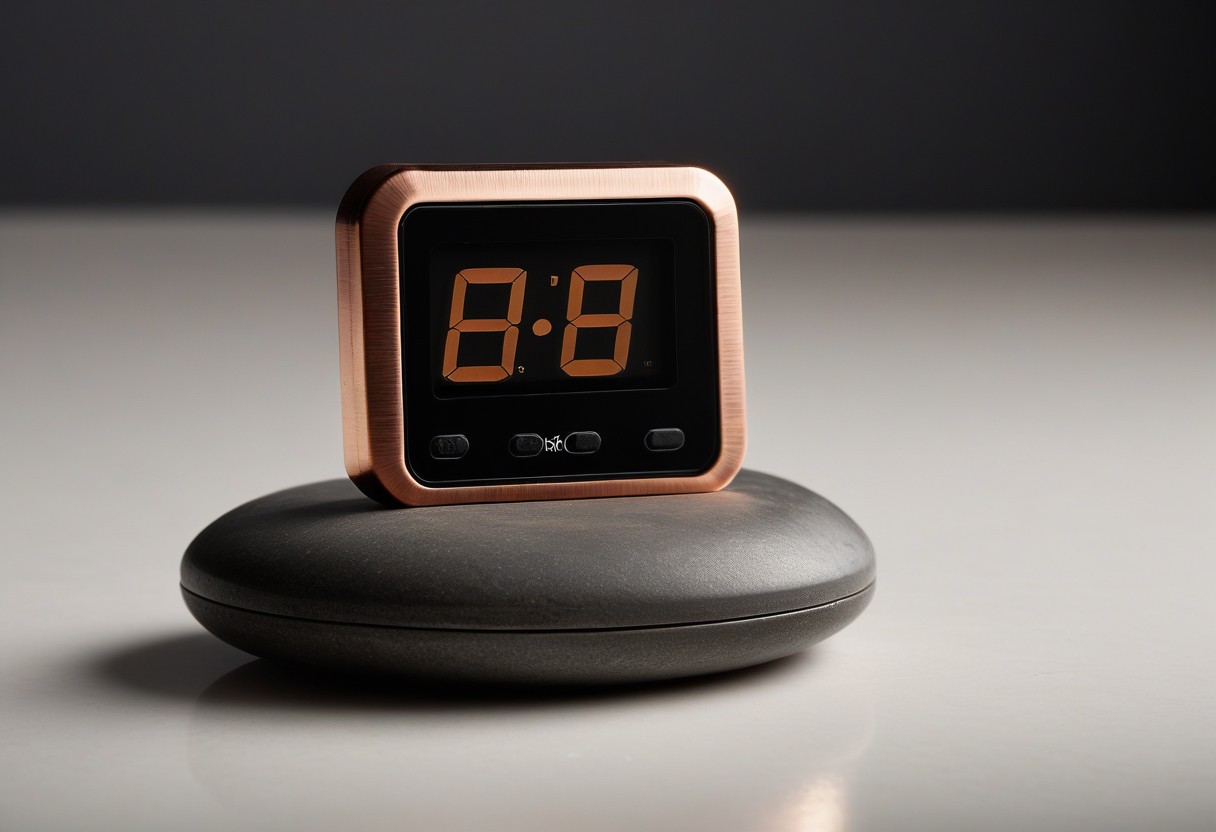 A digital timer showing zeros rests on white surface beside a smooth stone under soft directional light.