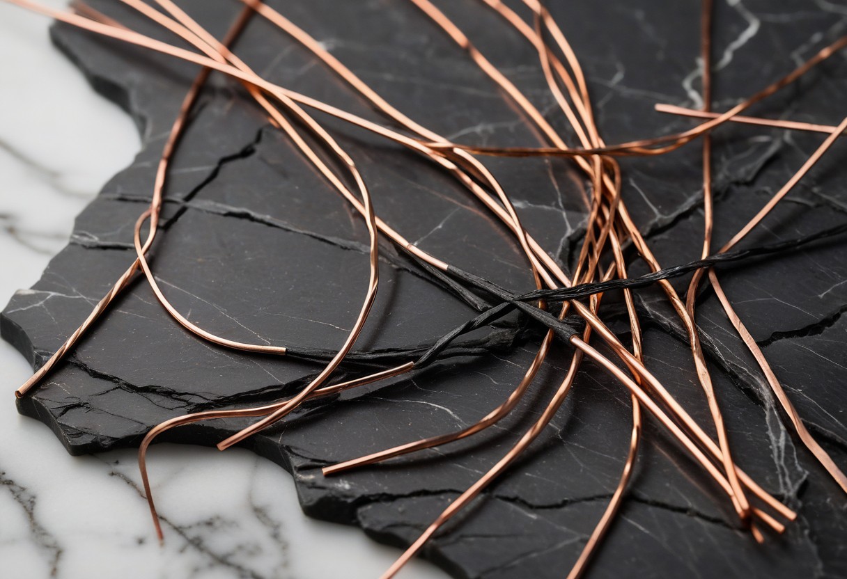 Copper wire strands arranged on white marble surface with raking light highlighting metallic scratches.