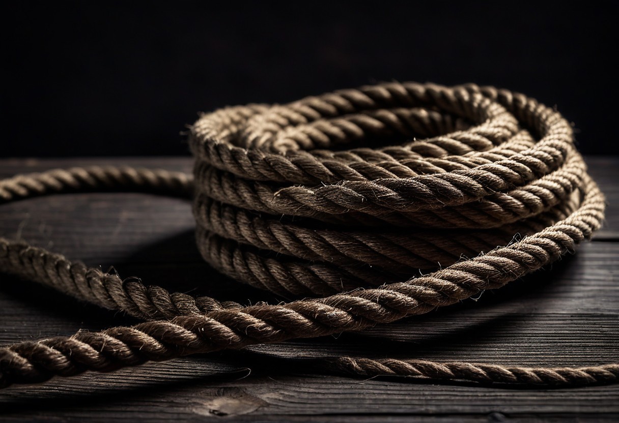 Coiled natural jute rope on dark wood with raking light illuminating fibers, one end trailing into shadow.