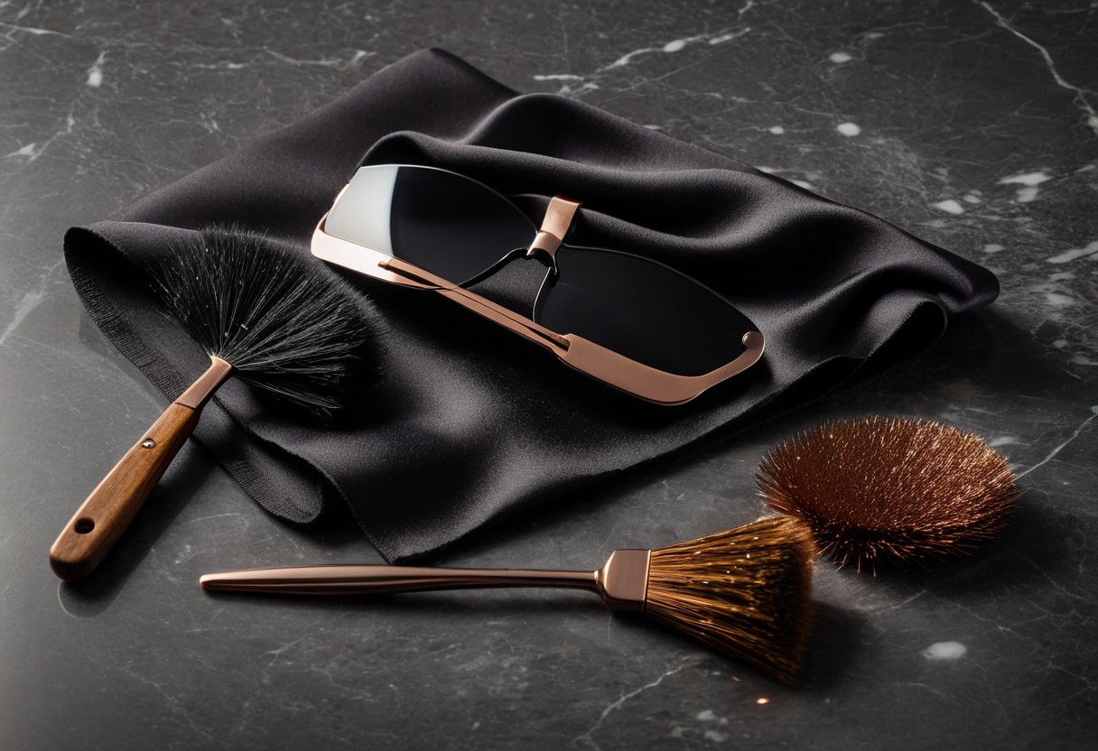 Silk blindfold, ice cubes, and soft sable brush arranged on polished marble surface under cool morning light.