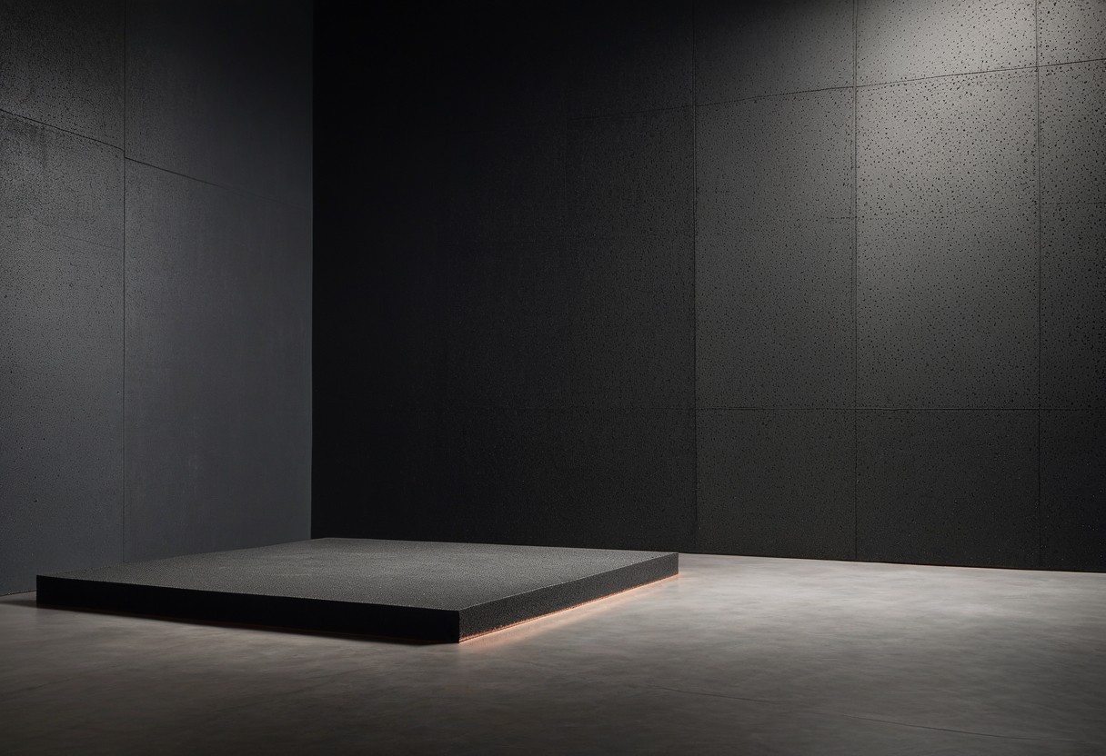 Gray foam acoustic panels cover concrete walls in a sparse room, with overhead lighting creating angular shadows across the textured surface.