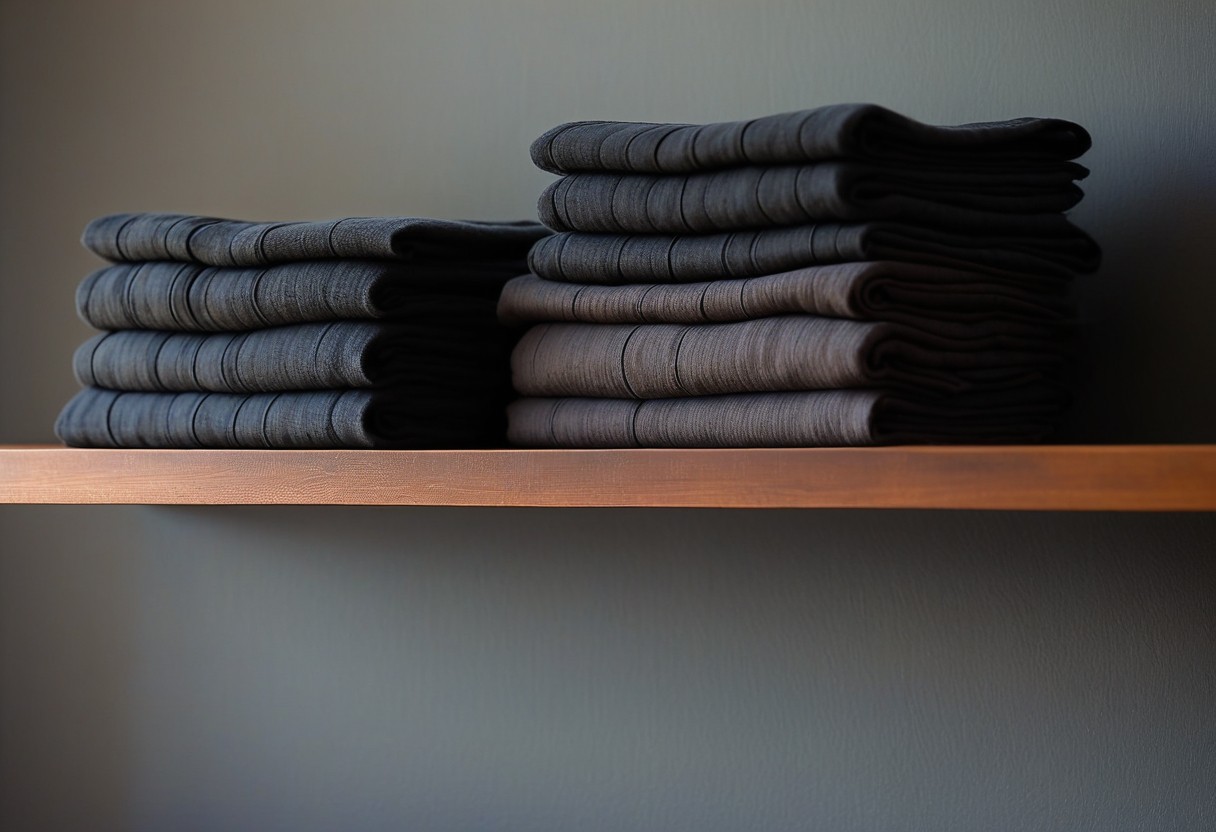 Folded white linens stacked on wooden shelves with soft morning light creating subtle shadows.