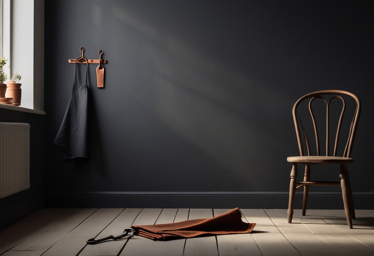 Worn apron hangs on wooden peg beside empty kitchen table with morning light casting long shadow across bare floor.