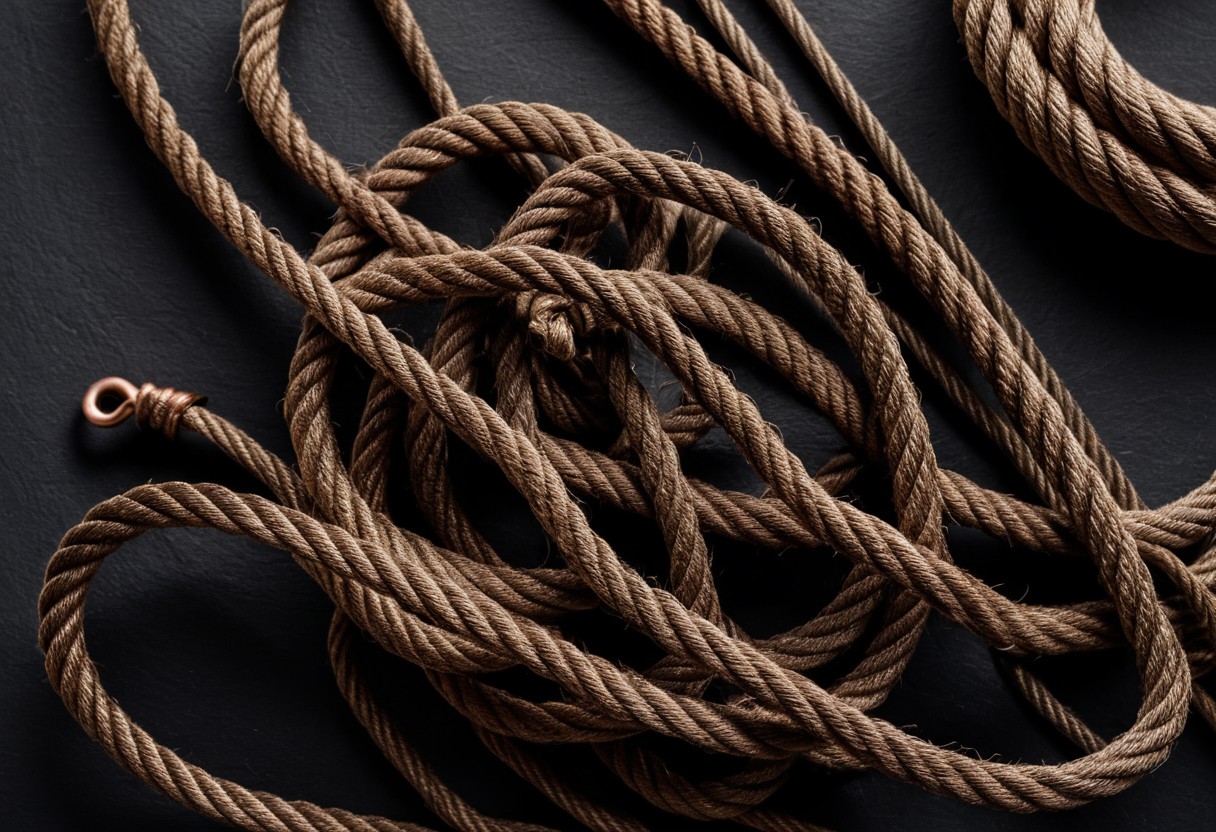 Coiled natural rope arranged in geometric patterns on pale linen with sharp cast shadows.