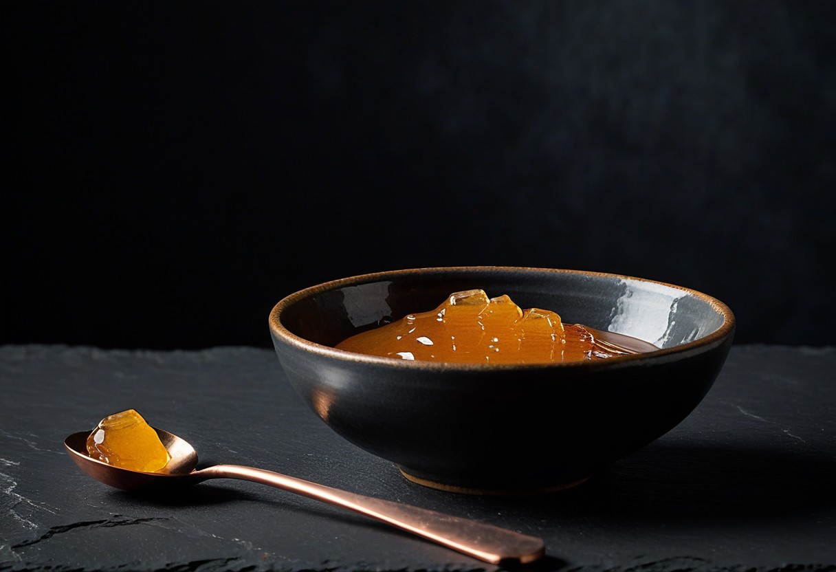 Small porcelain bowl filled with warm honey sits on dark slate, lit by soft side lighting with shimmering highlights.