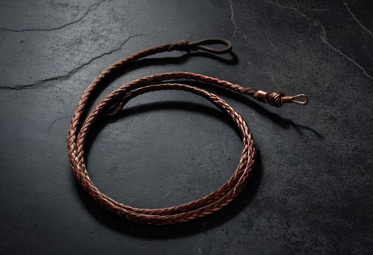 Braided leather whip coiled on concrete floor with geometric shadow cast by overhead lighting.