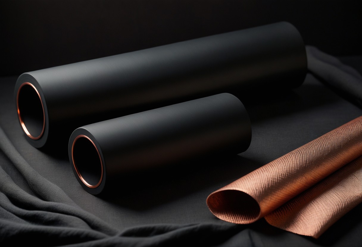 Stacked oversized matte-black silicone sleeves rest on pale linen, lit by raked side light creating bold shadows.