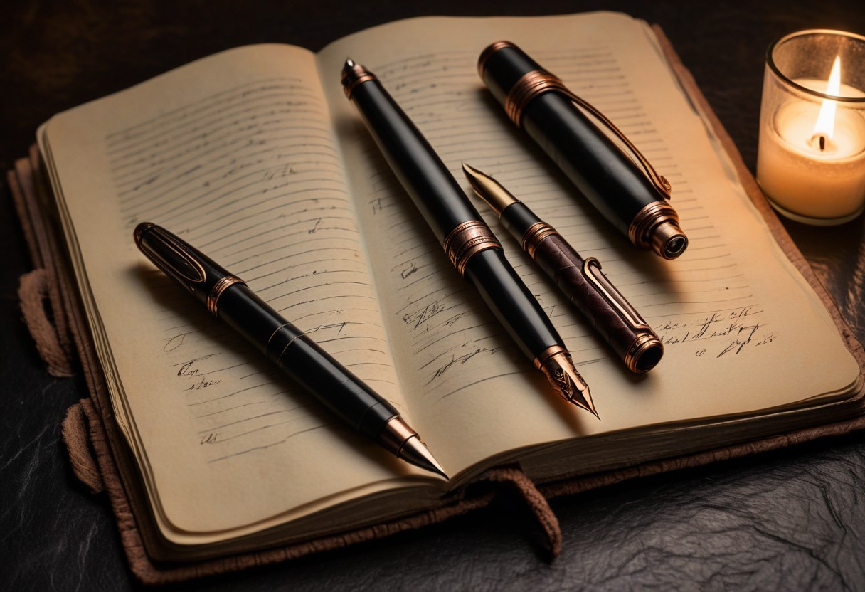 Two fountain pens lie parallel on an open leather journal beside a lit candle, casting shadows across handwritten text.