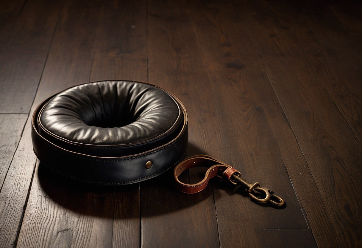 Worn leather collar coiled on dark wood floor beside an empty kneeling cushion in single shaft of light.