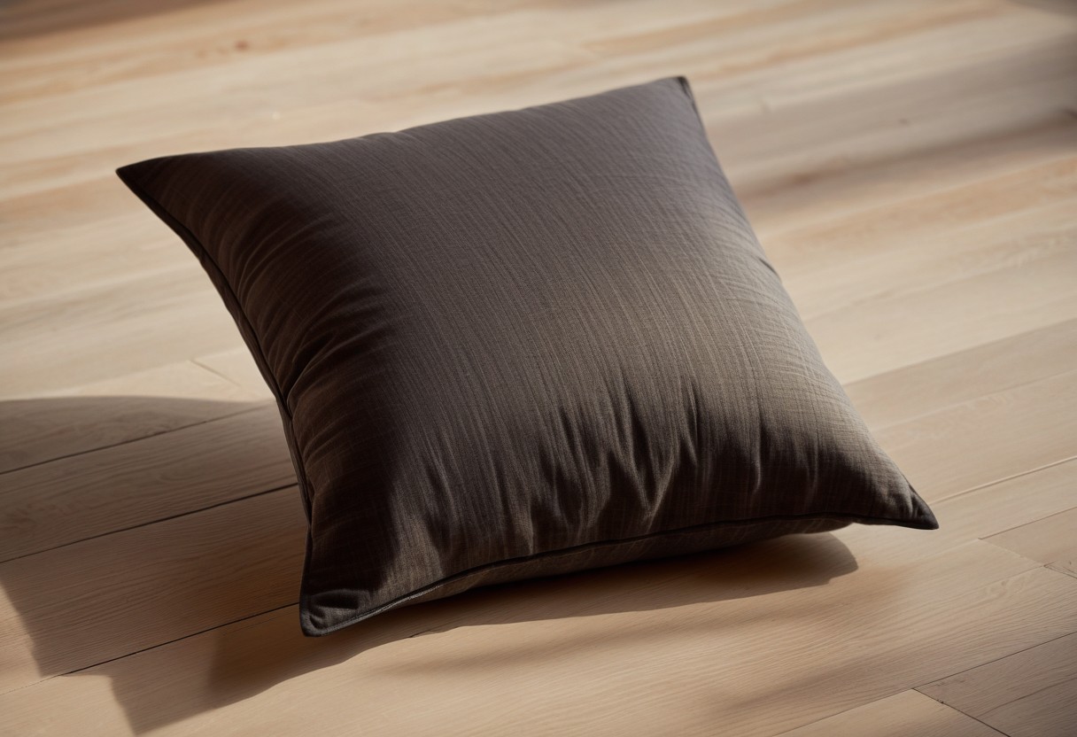 Cream cushion rests on pale wood floor beside sheer fabric casting soft shadows in morning light.