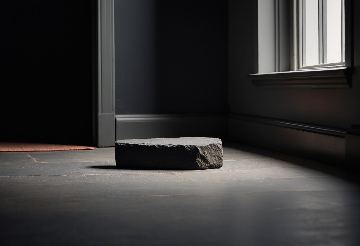 A weathered stone sits on a threshold between two rooms, its shadow cast by soft morning light.