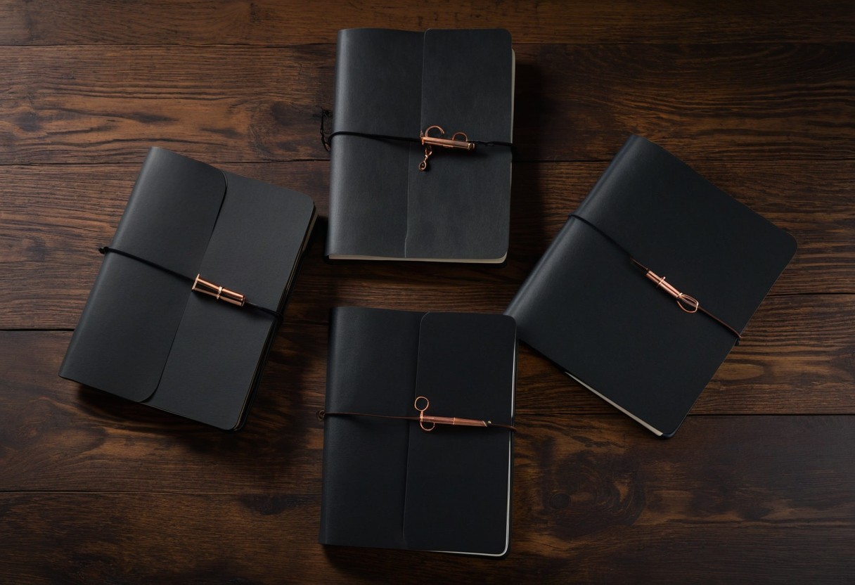 Closed journals arranged in a circle on a wooden table.