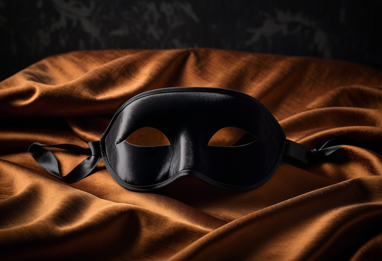Black velvet sleep mask rests on white silk pillowcase under warm amber lighting.