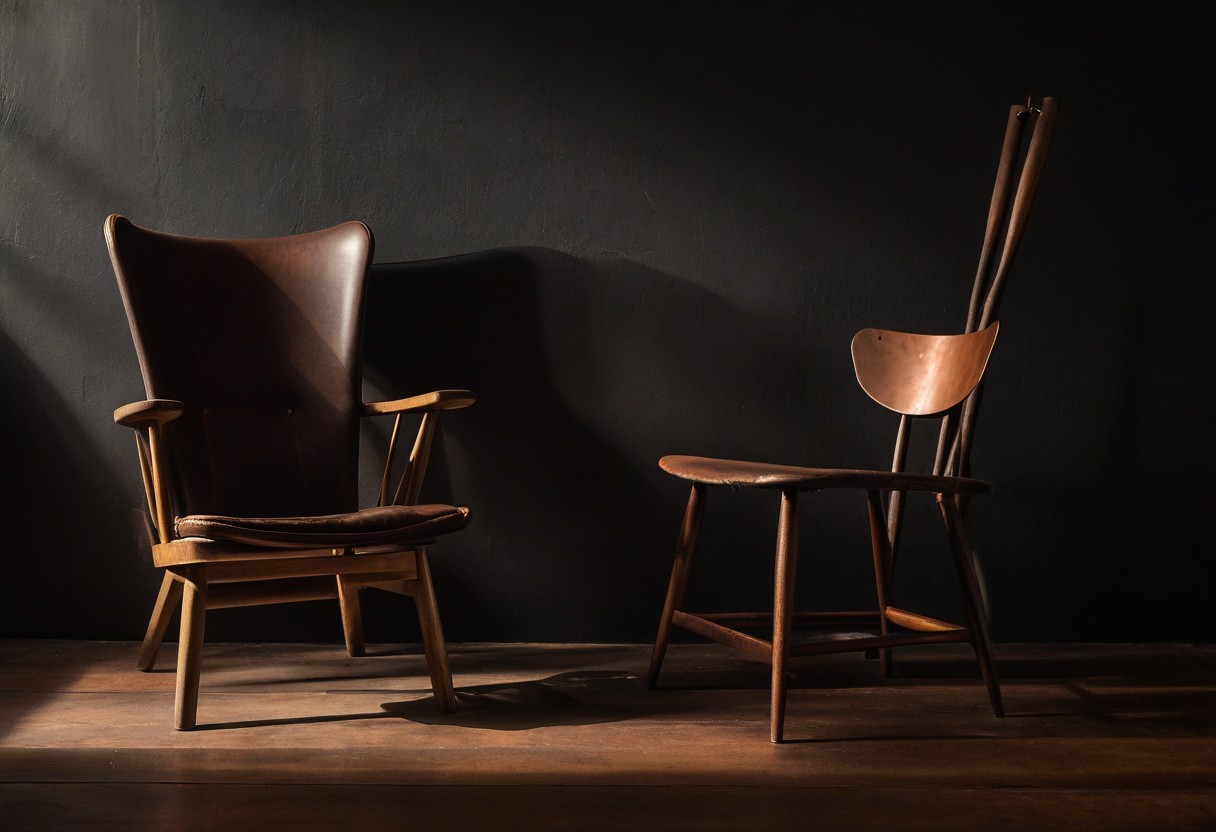 Wooden paddle rests against worn leather armchair; sharp shadow from afternoon light crosses the seat.