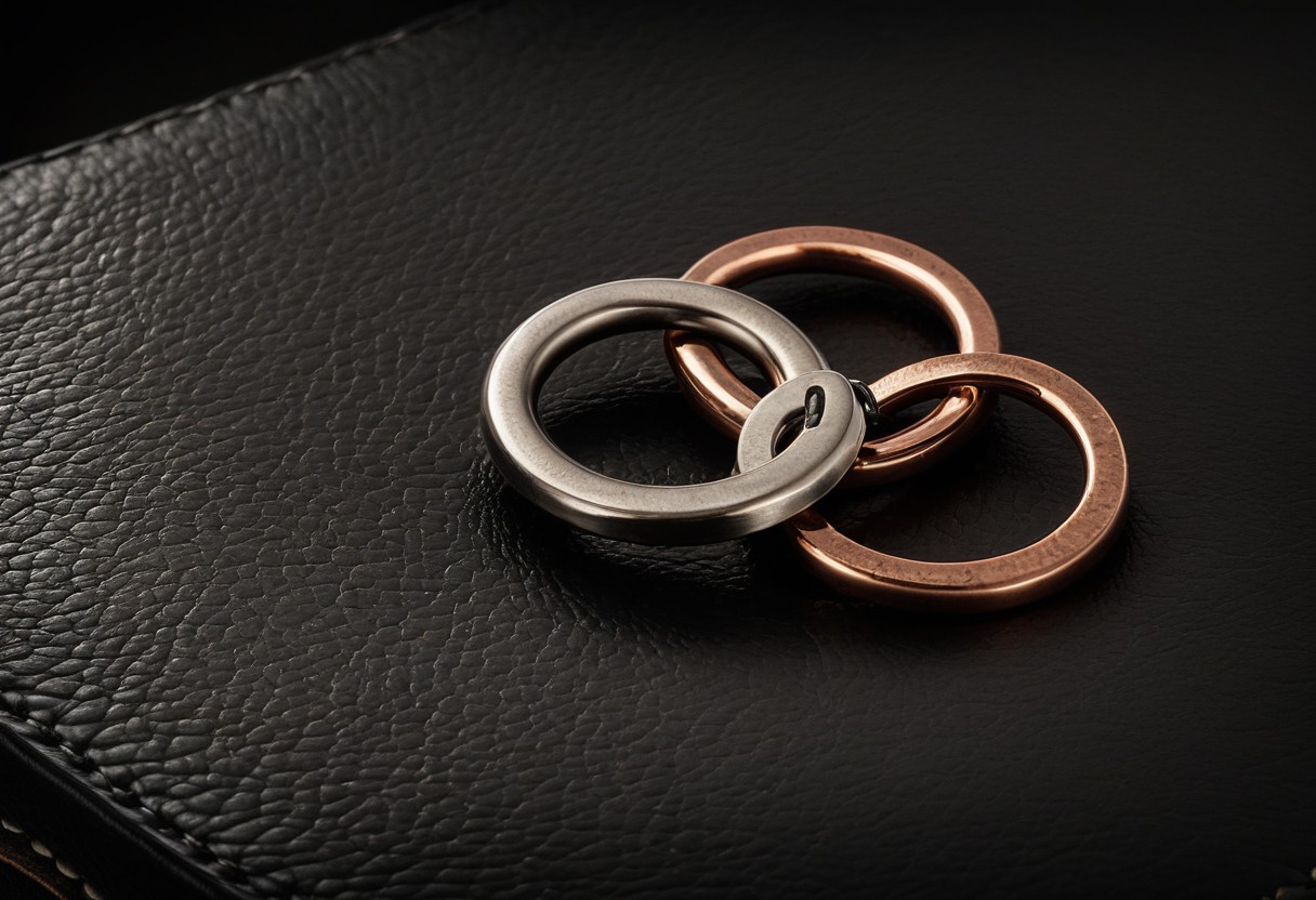 Polished steel bar with four attachment rings on dark leather, lit by dramatic side lighting.