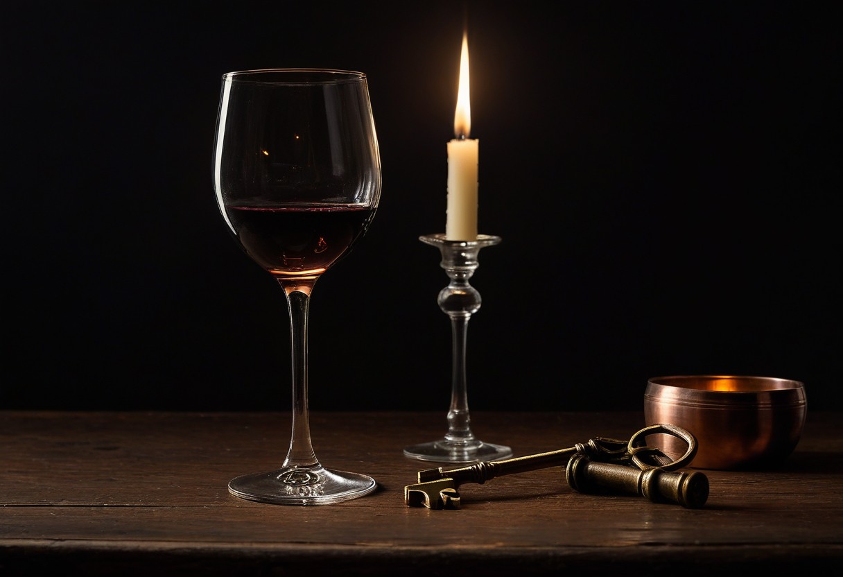 Two wine glasses and a small brass key arranged on a wooden table, illuminated by candlelight.