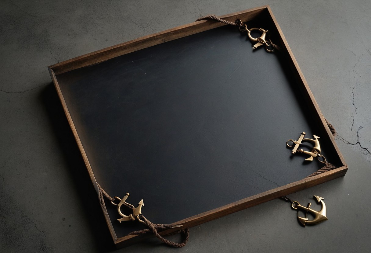X-shaped wooden frame with four brass anchor points, photographed from above against concrete floor with dramatic side lighting, lit by a single warm lamp against a dark background.