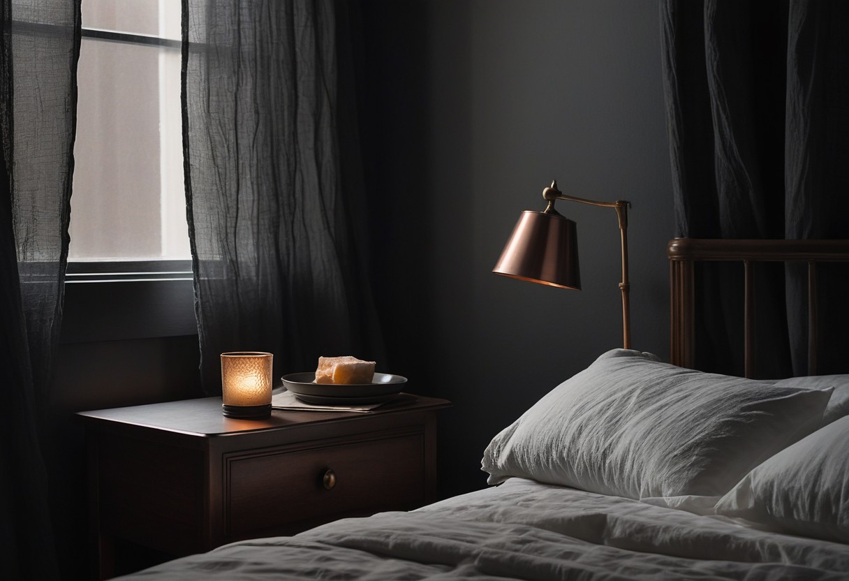 Unmade bed with wrinkled white sheets, one pillow, soft diffused light, glass of water on wooden nightstand.