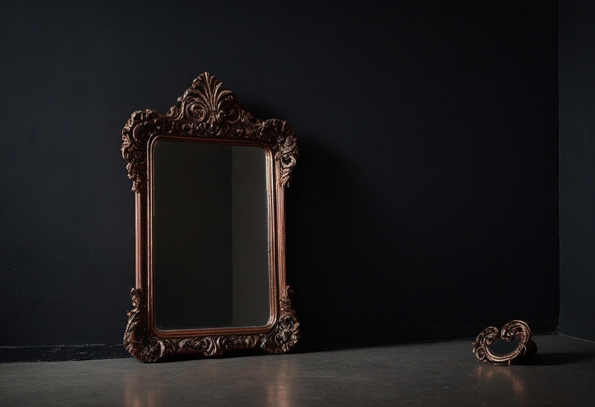 Ornate mirror leans against dark wall above a kneeling cushion on bare floor, reflecting shadow and dim light.