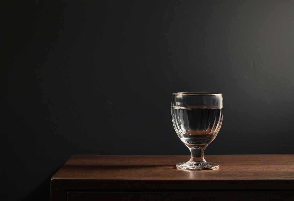 Half-filled glass of water on a wooden bedside table, illuminated by soft afternoon sunlight.