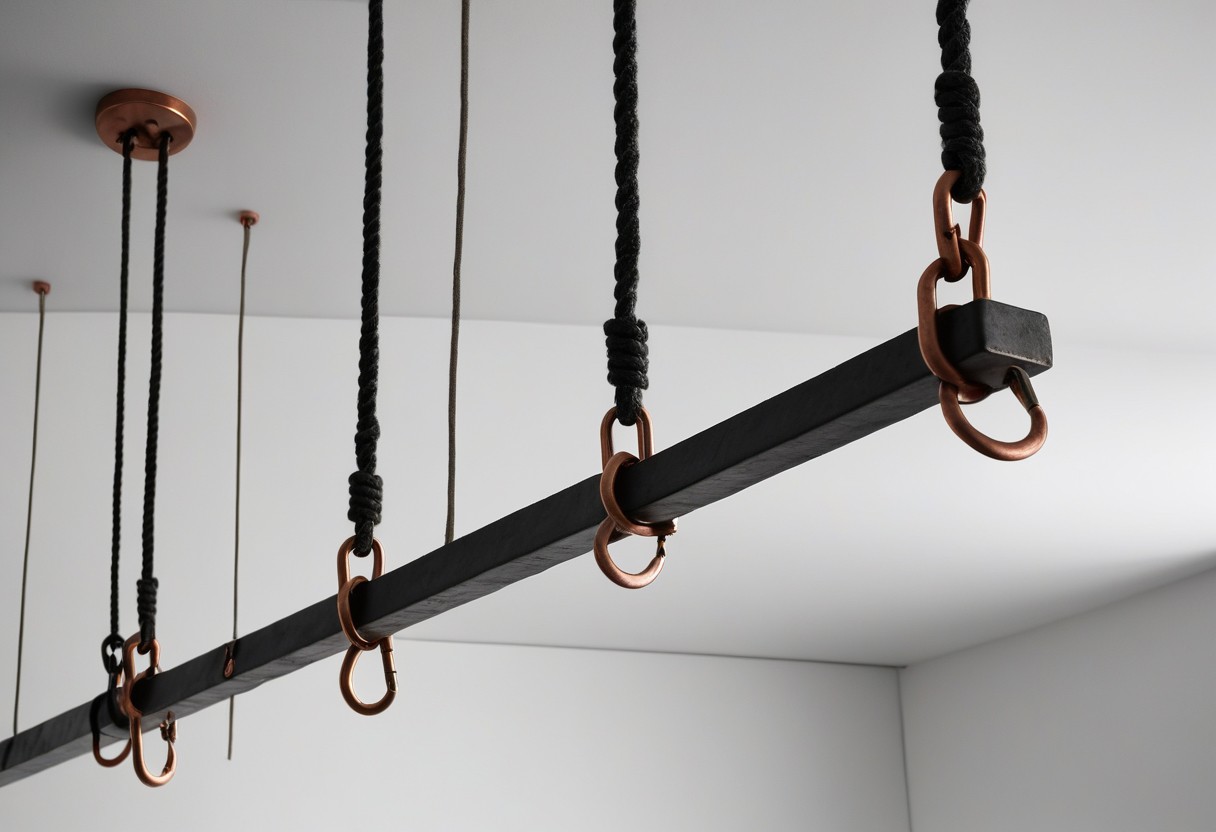 Multiple ropes hang vertically from ceiling beam with carabiners, creating parallel lines and geometric shadows on white wall.