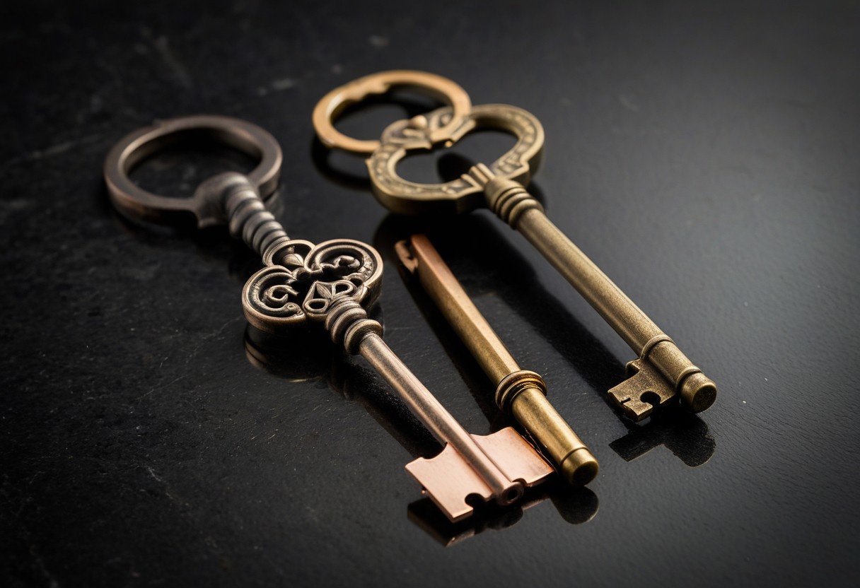 Two brass keys facing opposite directions on a mirrored surface, their reflections touching, lit by a single warm lamp against a dark background.