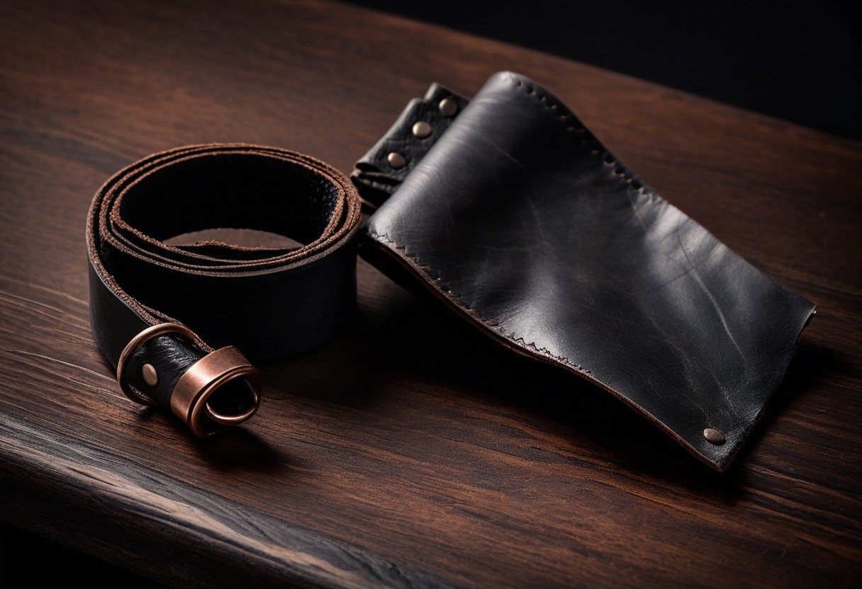 Two brown leather cuffs rest on dark wood, one lying flat and open, the other folded closed.