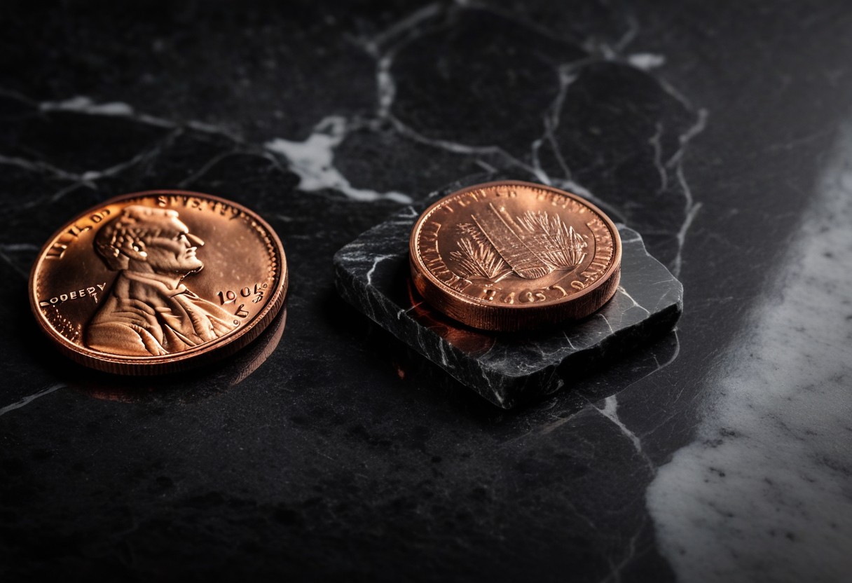 Melting ice cube and warmed copper coin on black marble surface with blurred background.