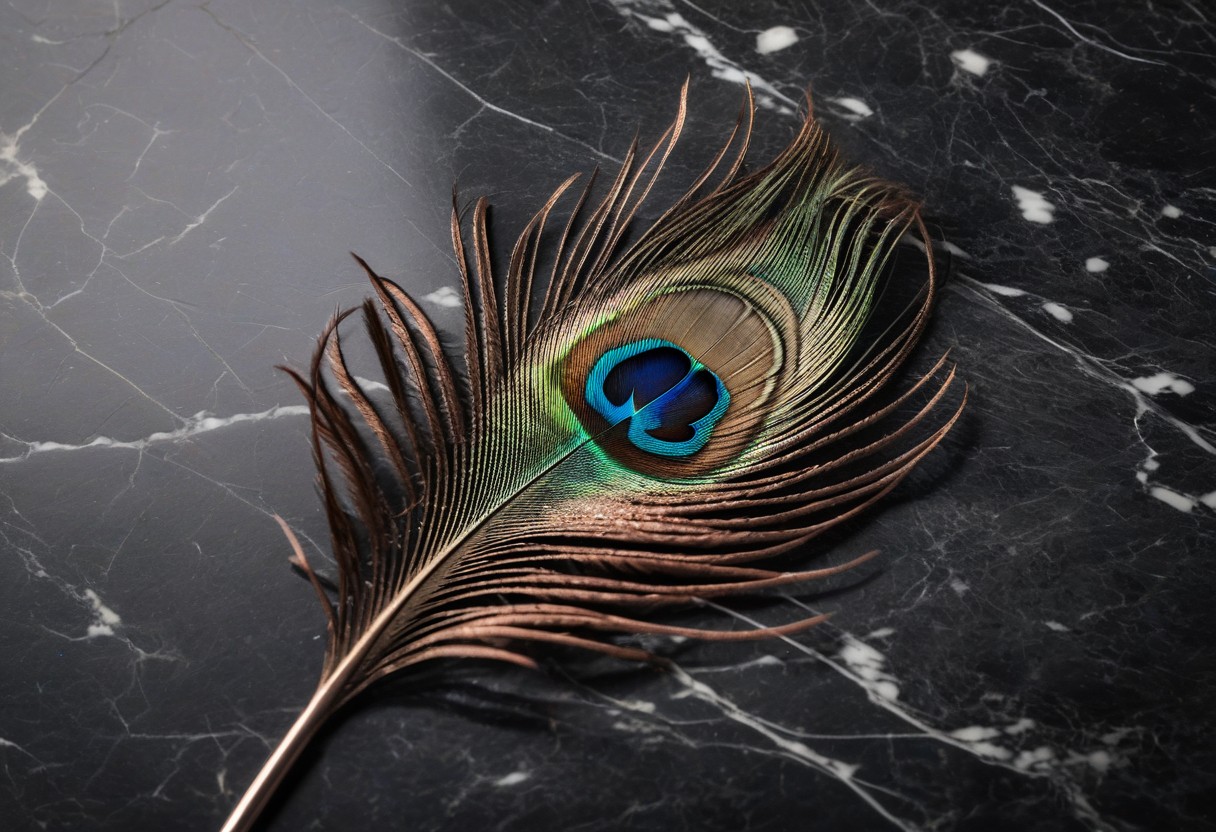Peacock feather and ostrich plume rest on cool marble surface under soft diffused light.