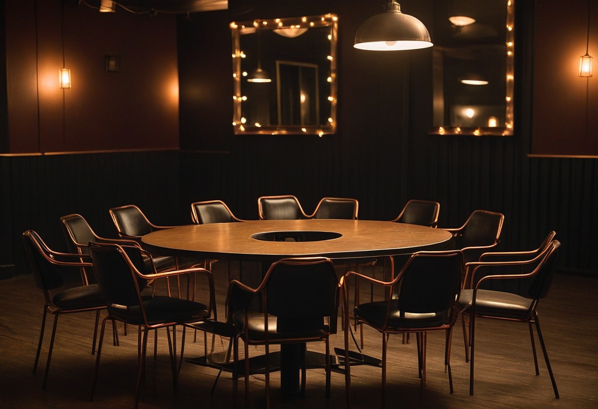 Empty nightclub with wooden chairs arranged in a circle, warm out-of-focus string lights glowing in the background.