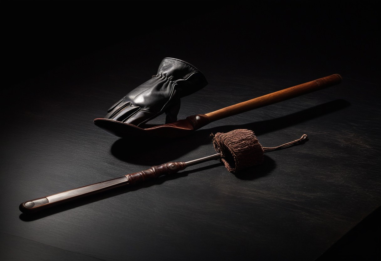 Polished wooden table with a leather glove and riding crop arranged in shadow.