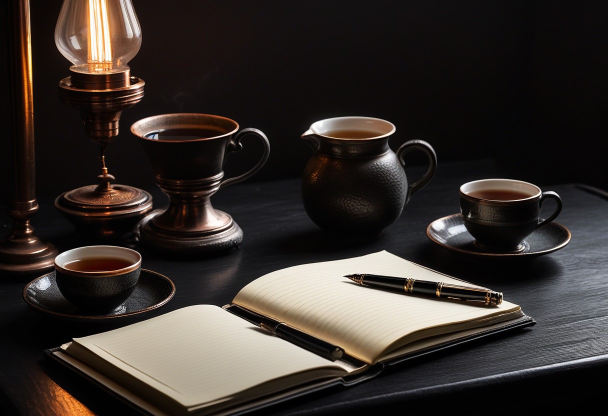 Open notebook with fountain pen across pages, warm lamplight, two teacups beside on dark desk.
