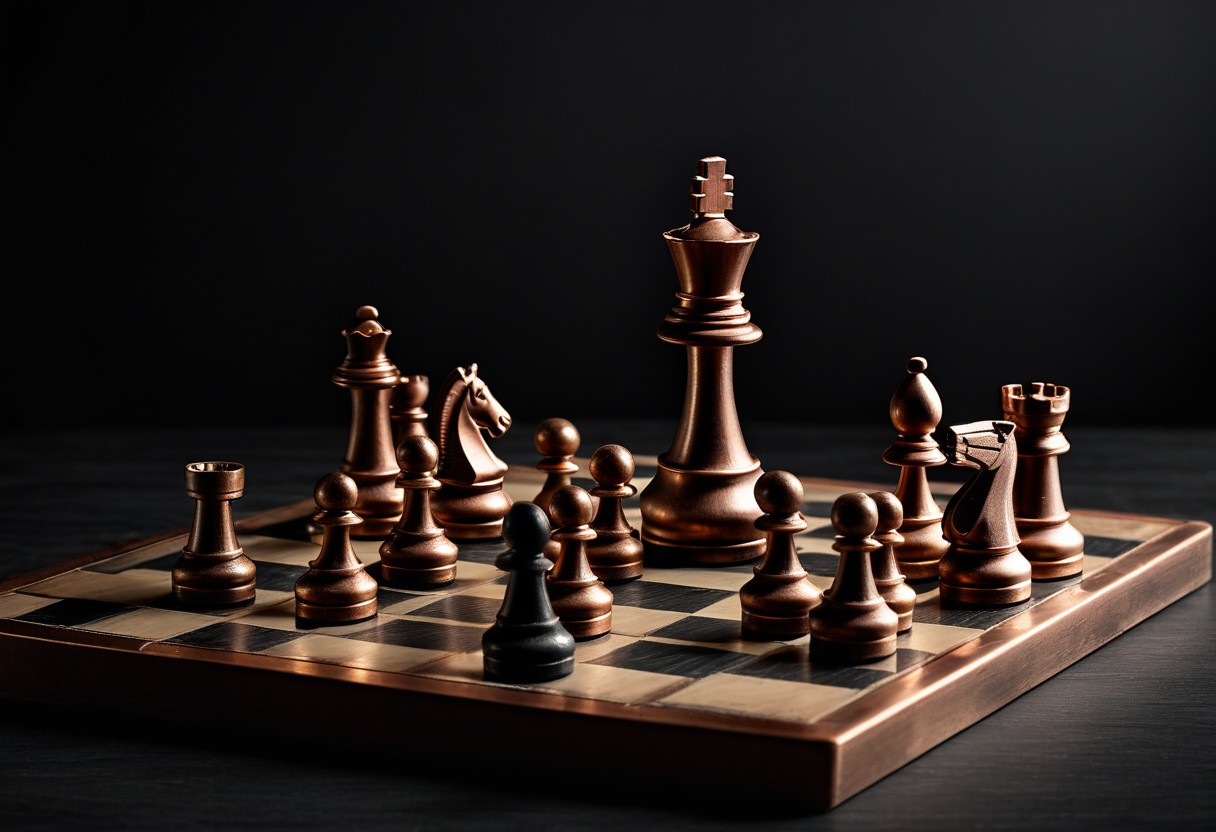 Chess board with pieces in mid-game position, white pieces dominating the center while black pieces remain clustered near their back rank.
