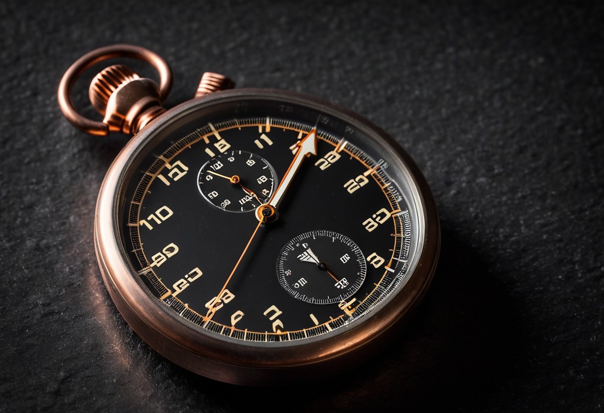 A silver stopwatch displays frozen time beneath bright overhead lighting, casting a dark shadow on a reflective surface.