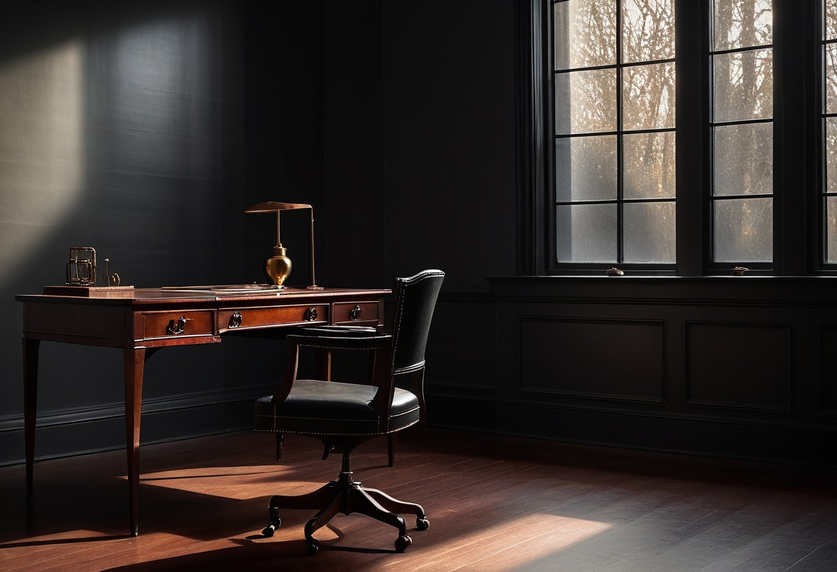 Mahogany desk with leather chair behind it, morning sunlight casting long shadows across the polished surface.