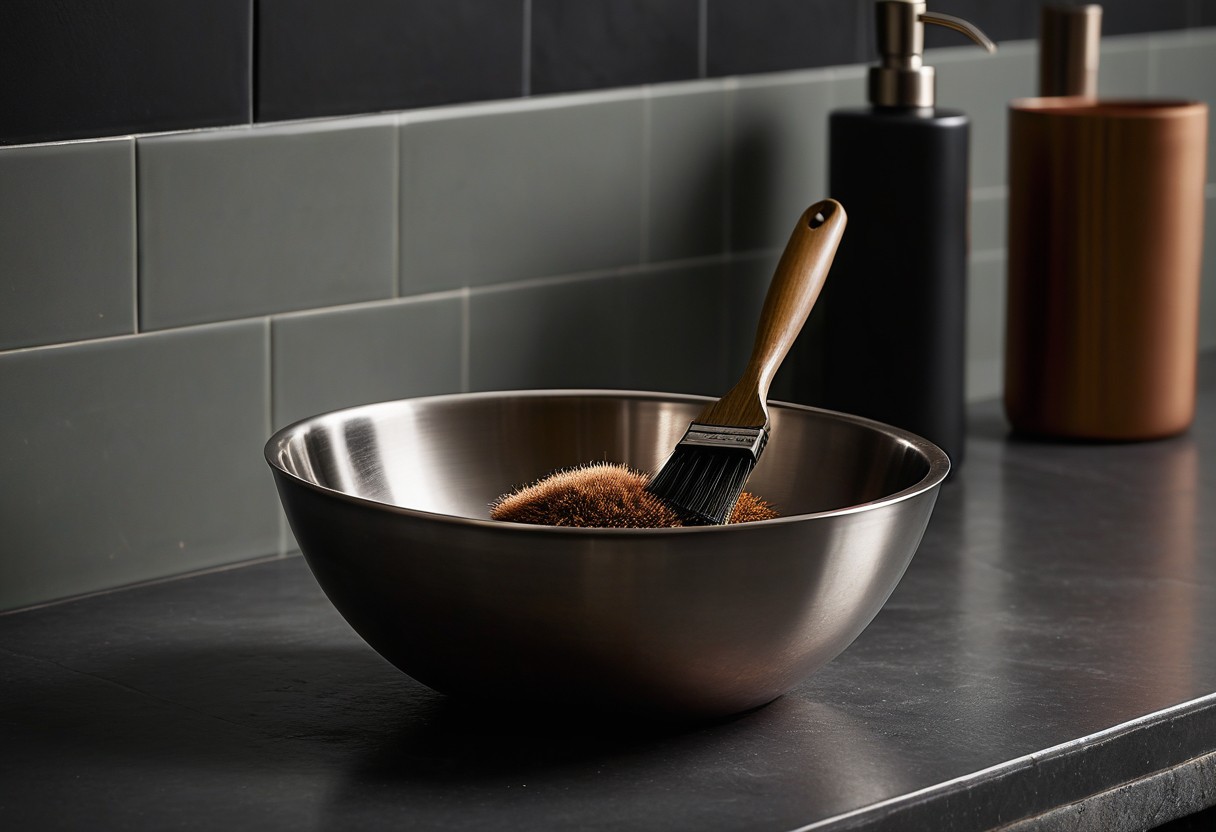 Stainless steel bowl filled with steaming water and soft-bristled brush on white tile bathroom counter in natural morning light.