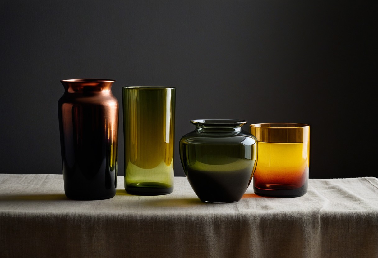 Three glass vessels in green, yellow, and red arranged on pale linen with soft window light casting subtle shadows.