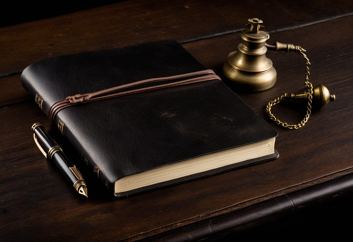 Leather-bound notebook with marked pages, fountain pen, and brass bell arranged on dark wood surface.