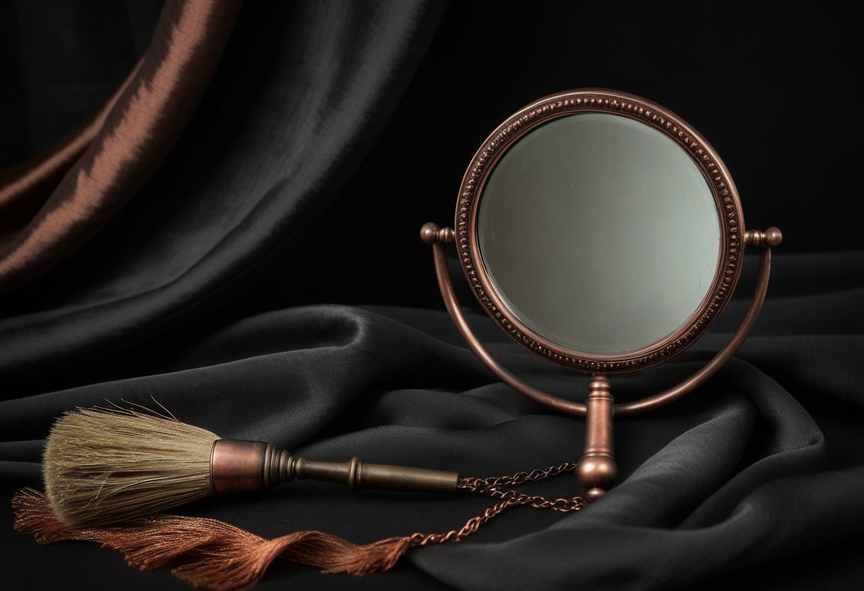 A fogged antique hand mirror face-up on dark fabric beside a length of draped silk, soft copper light, no reflection visible, lit by a single warm lamp against a dark background.