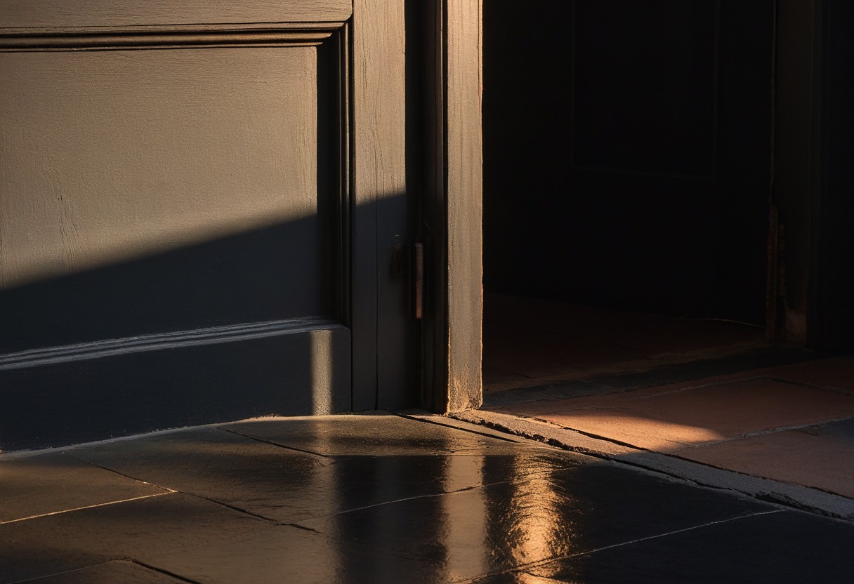 A wooden doorway threshold divides shadow on the left from warm amber sunlight on the right.