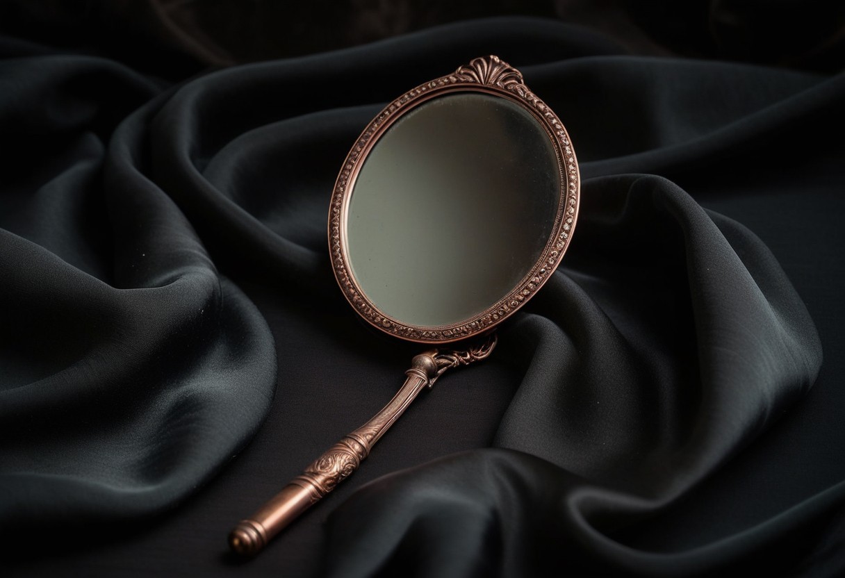 A fogged antique hand mirror face-up on dark fabric beside a length of draped silk, soft copper light, no reflection visible, lit by a single warm lamp against a dark background.