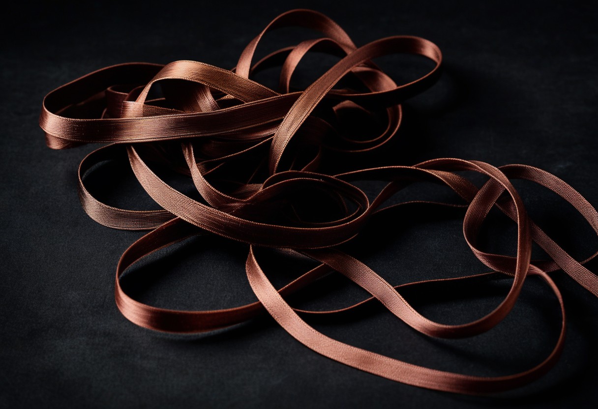 Two silk ribbons twisted together and knotted on dark velvet, with light reflecting off their surfaces.