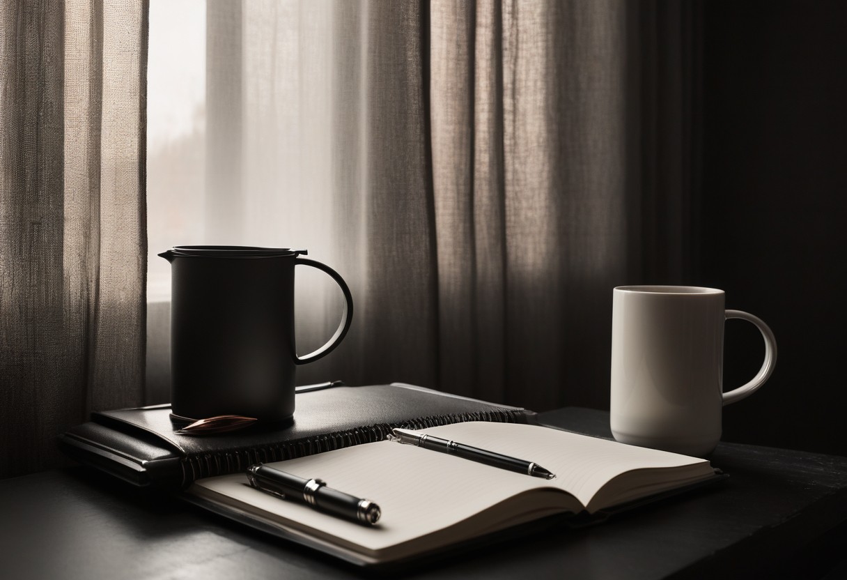 Open notebook with blank page, pen resting on it, thermos beside, illuminated by soft diffused morning light.