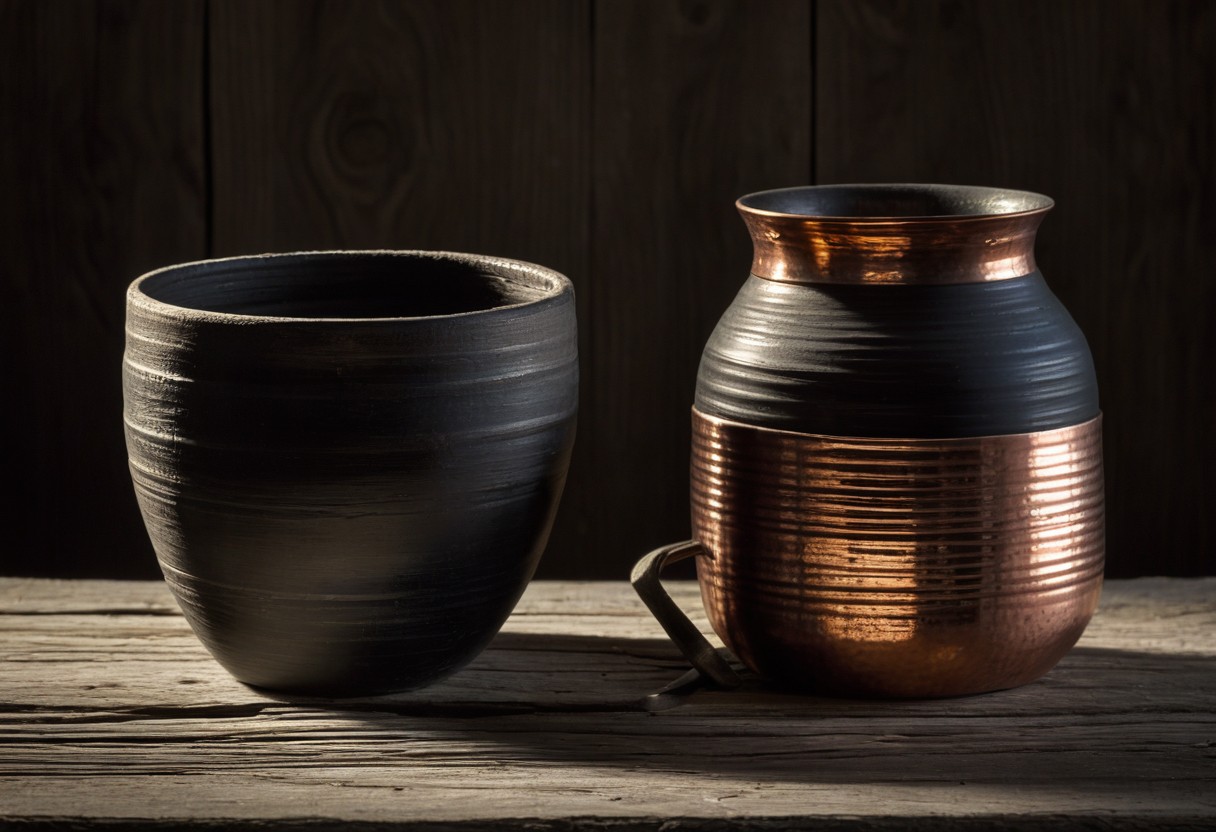Clay and glass vessels sit side by side on weathered wood surface, their shadows merging in soft morning light.