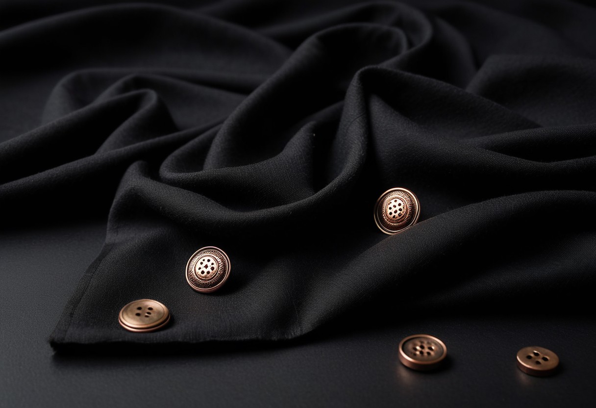 Crisp pressed wool fabric with sharp creases, brass buttons catching light, draped over dark surface, lit by a single warm lamp against a dark background.