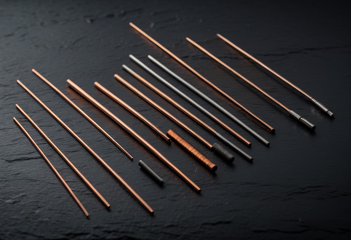 Polished stainless steel rods arranged in graduated sizes on dark slate, reflecting warm amber light.