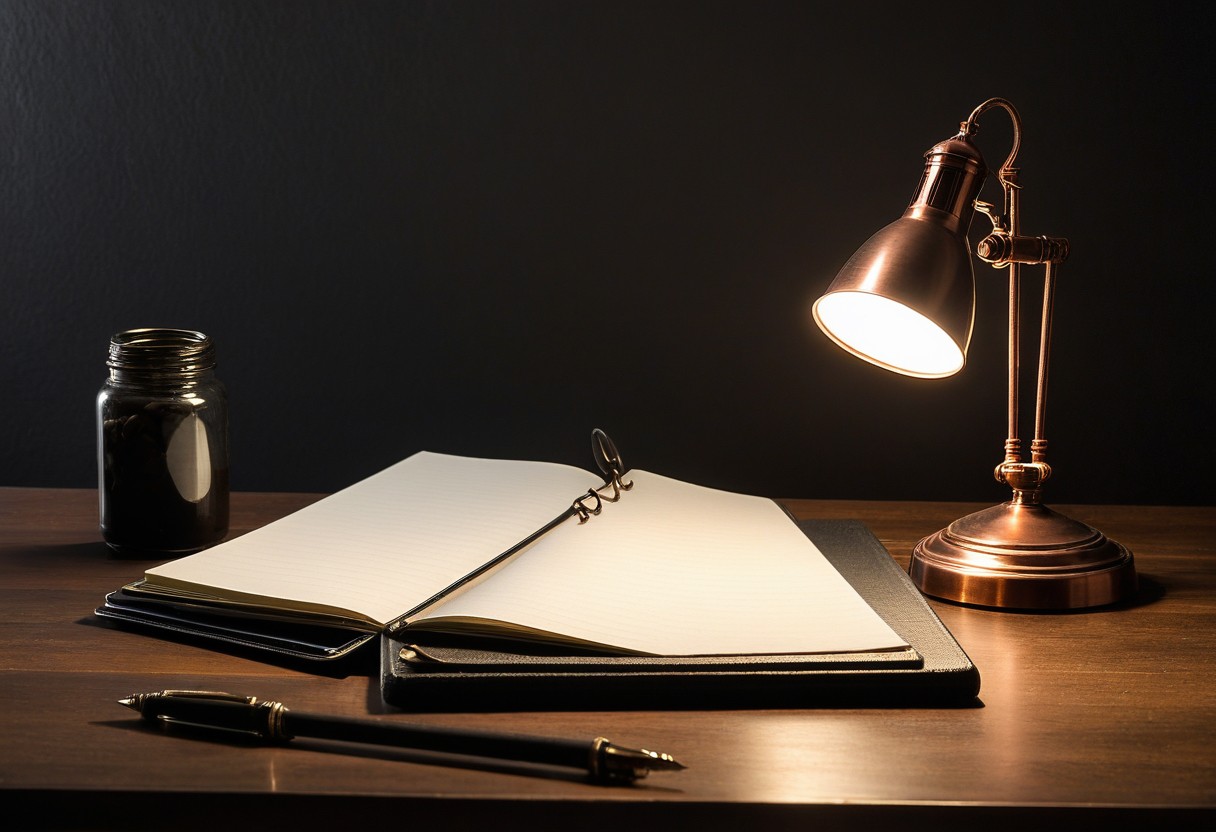 Clipboard with pen rests on a desk beside an open logbook under soft lamplight, casting shadows across blank pages.