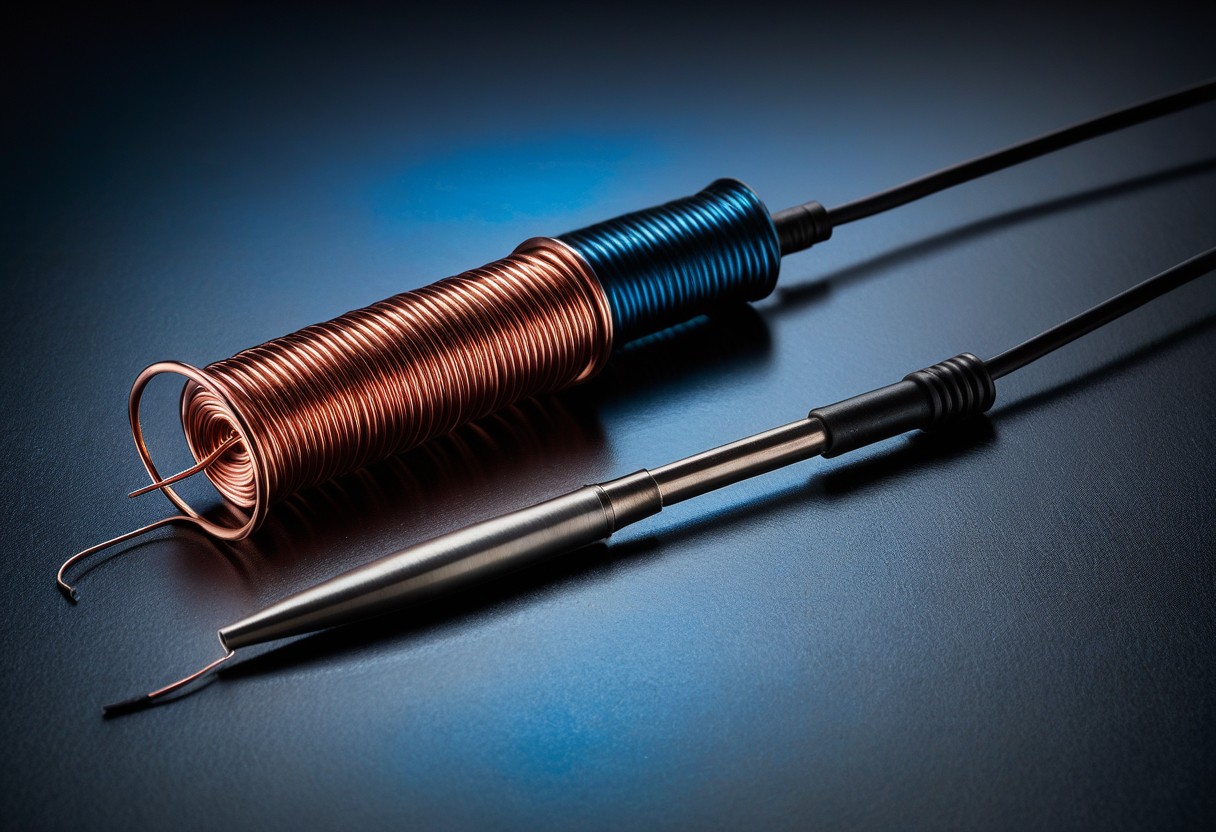 Glass electrode wand and coiled copper wire arranged on a brushed metal surface, illuminated by blue accent lighting.
